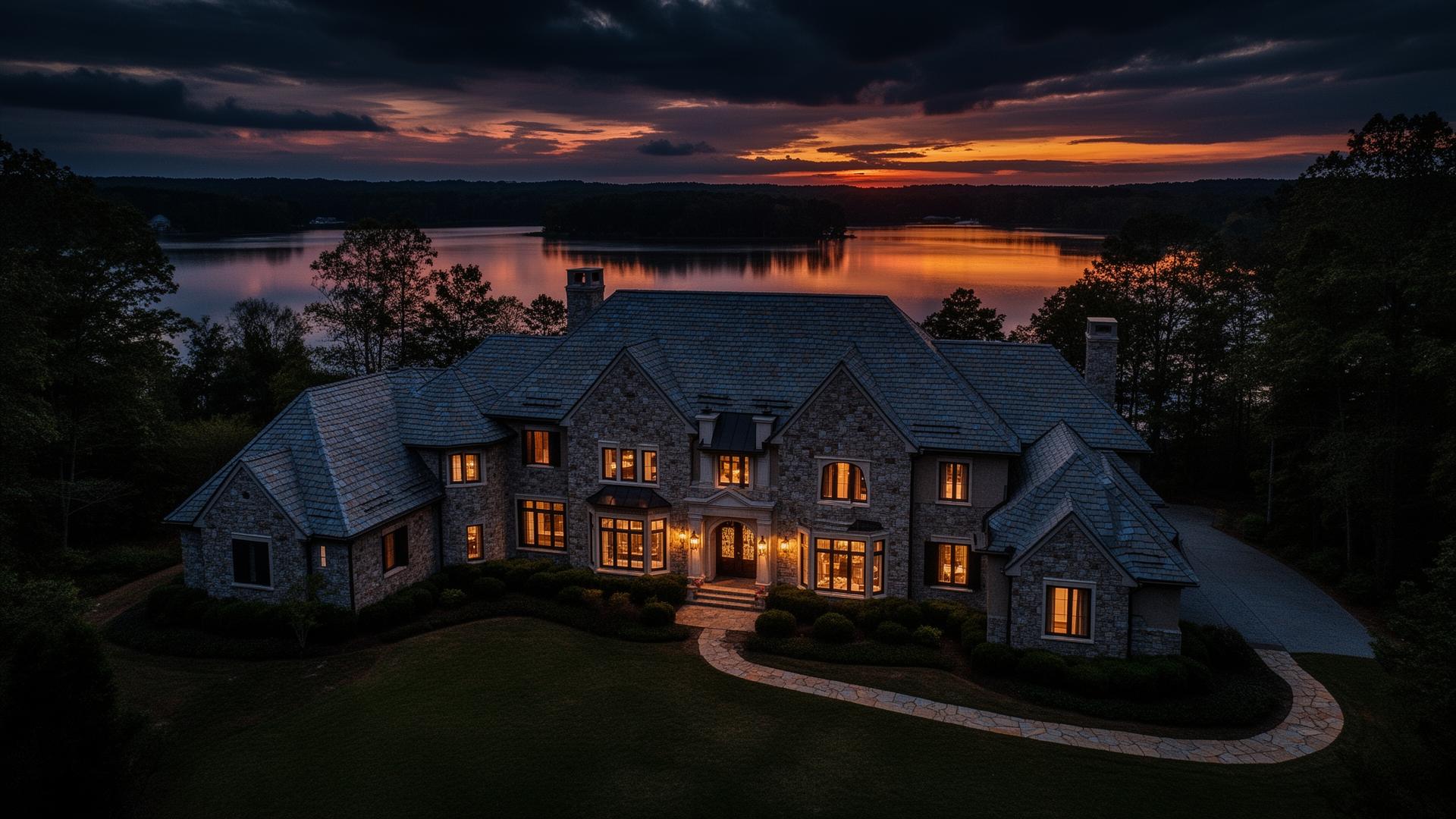 Luxury lakefront mansion at twilight with premium roof
